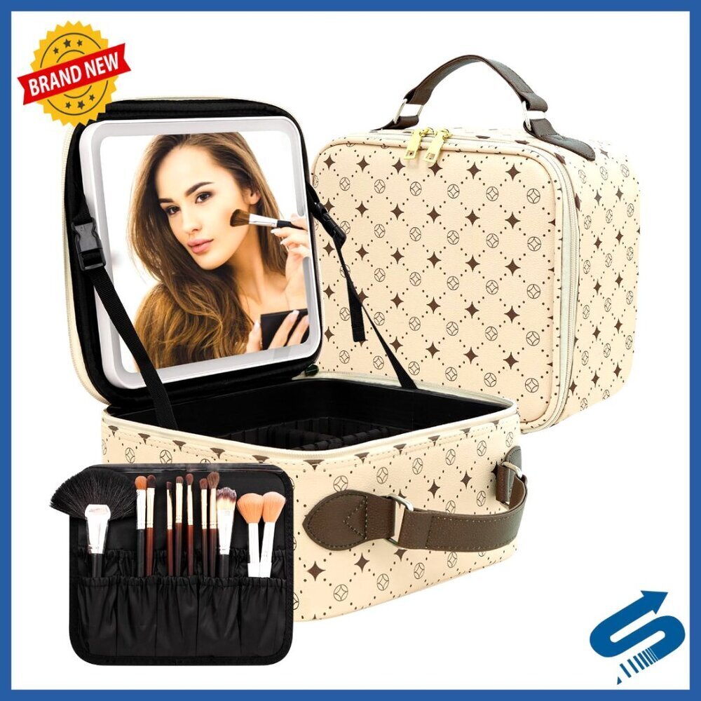Travel Makeup Bag With 360° Rotating LED Mirror Waterproof Cosmetic Organizer